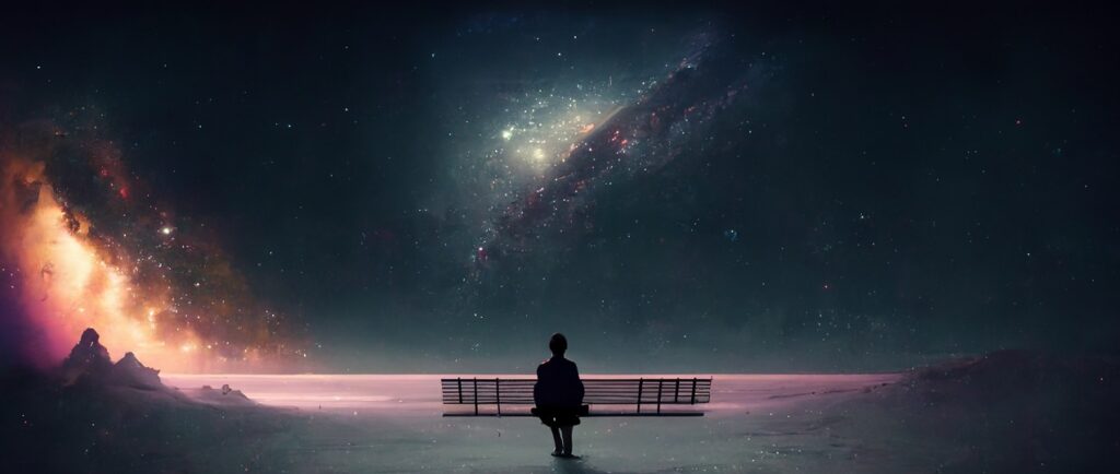starry night sky with a person sitting on a bench. generative ai
